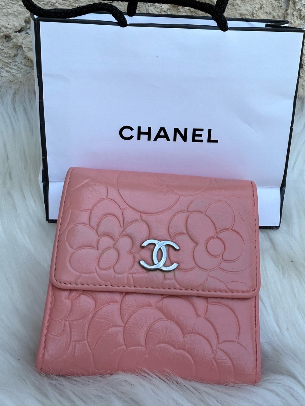 CHANEL Pink Camellia Embossed Mini bi fold Wallet with Silver CC